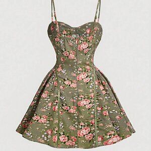 SHEIN MOD Plus Size Women's 0XL Vintage Green Floral Print Cami Dress With‎ Bust